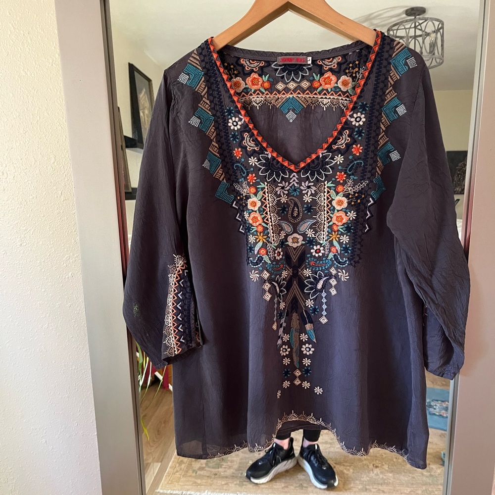 Johnny Was Blue 3/4 Sleeve Tunic with Relaxed Fit and Embellished Graphic
